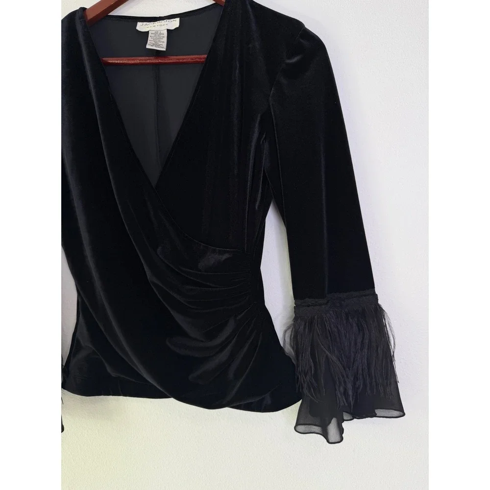 Vintage Jackie‎ Jon Black Velvet Faux Wrap Top Feather Trim Small Whimsigoth 90s